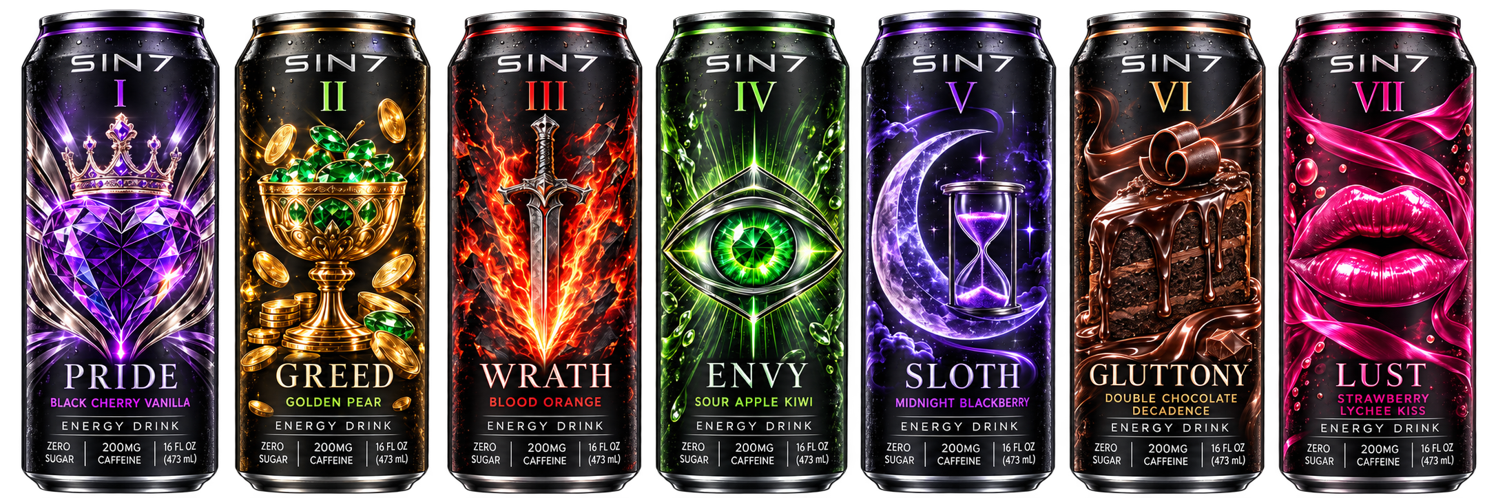 SIN7 β seven detailed black cans in purple, gold, fire red, green, violet, chocolate and pink